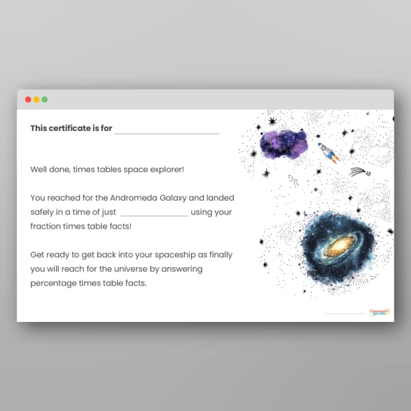 An image of the Challenge 14 The Andromeda Galaxy Fractions Times Tables Resource