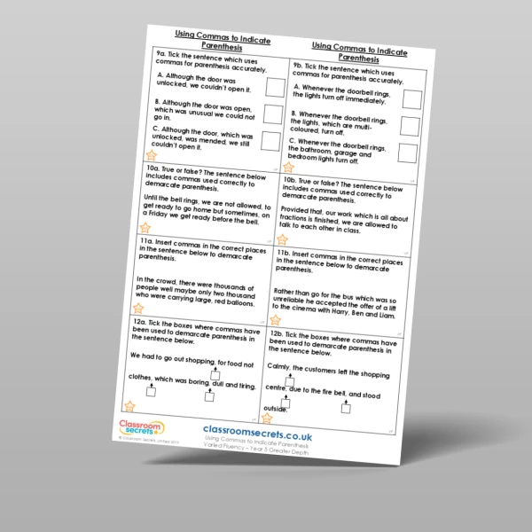 An image of the Using Commas to Indicate Parenthesis Varied Fluency Resource