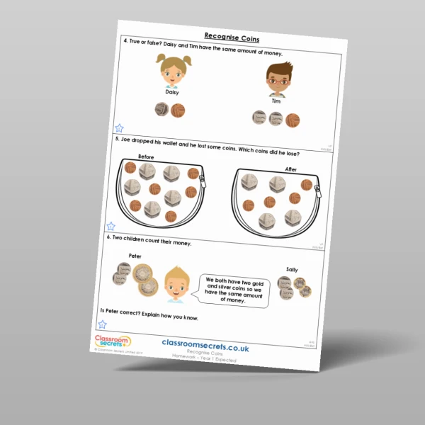 An image of the Recognise Coins Homework Resource