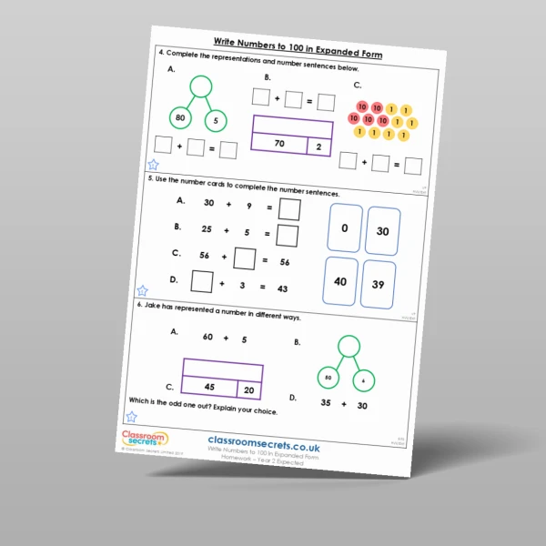 An image of the Write Numbers to 100 in Expanded Form Homework Resource