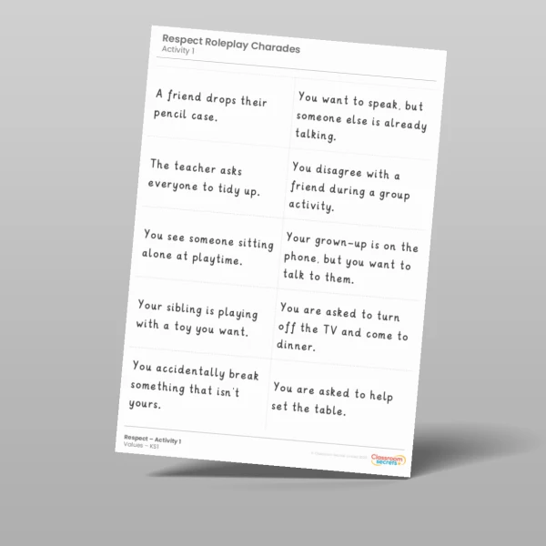 An image of the Values - Respect Worksheet Resource