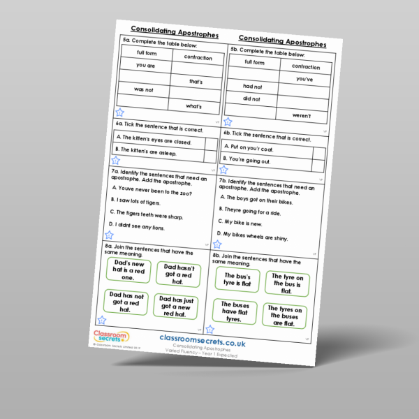 Year 2 Consolidating Apostrophes Varied Fluency Resource | Classroom ...