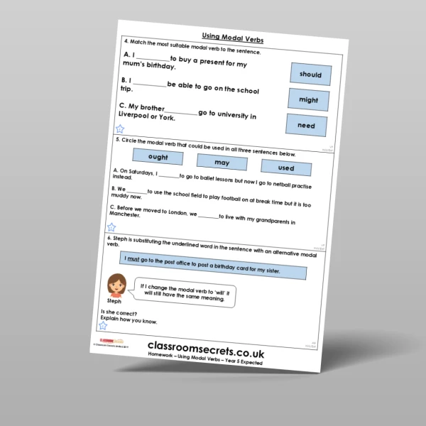 An image of the Using Modal Verbs Homework Resource