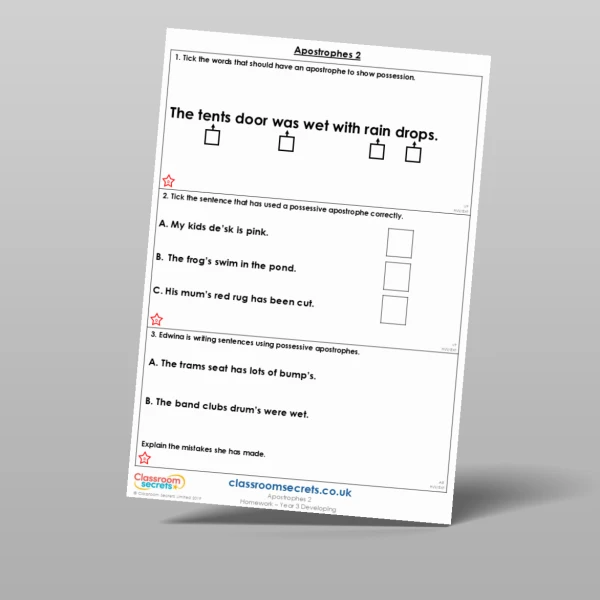 An image of the Apostrophes 2 Homework Resource