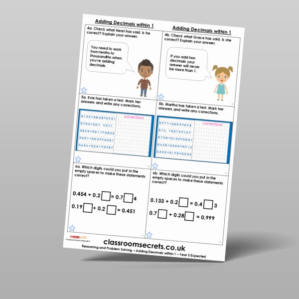 An image of the Adding Decimals within 1 Reasoning and Problem Solving Resource