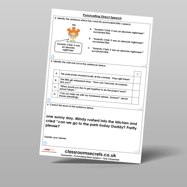 An image of the Punctuating Direct Speech Homework Resource