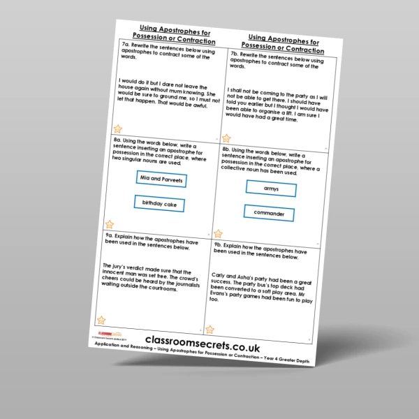 An image of the Using Apostrophes for Possession or Contraction Application and Reasoning Resource