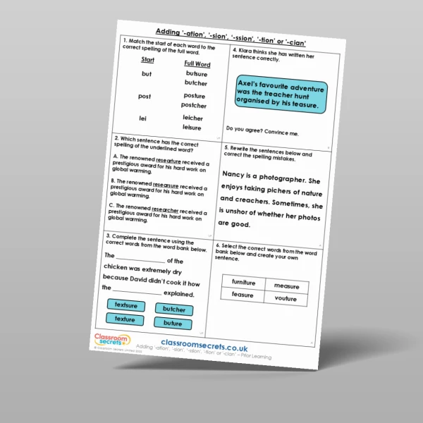 An image of the Adding '-ation', '-sion', '-ssion', '-tion' or '-cian' Prior Learning Resource