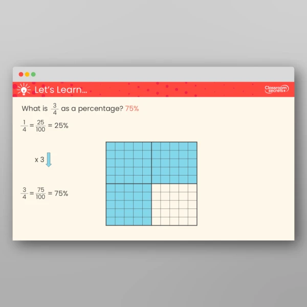 An image of the Percentages as Fractions Teaching PPT Resource