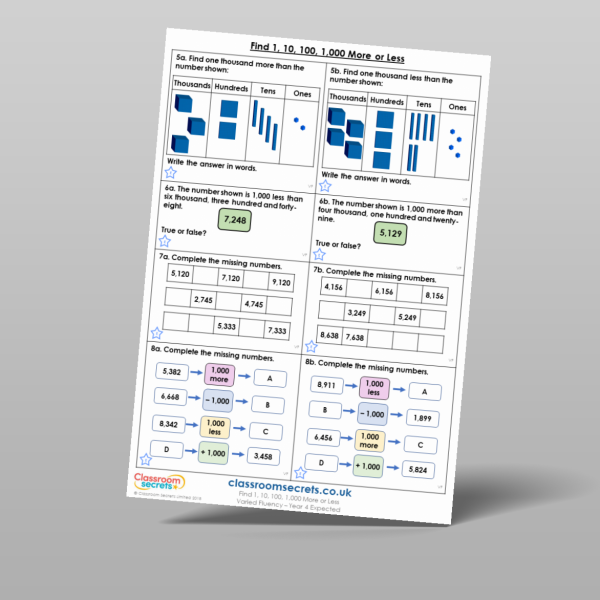 Year 4 Find 1 10 100 1 000 More Or Less Varied Fluency Resource ...