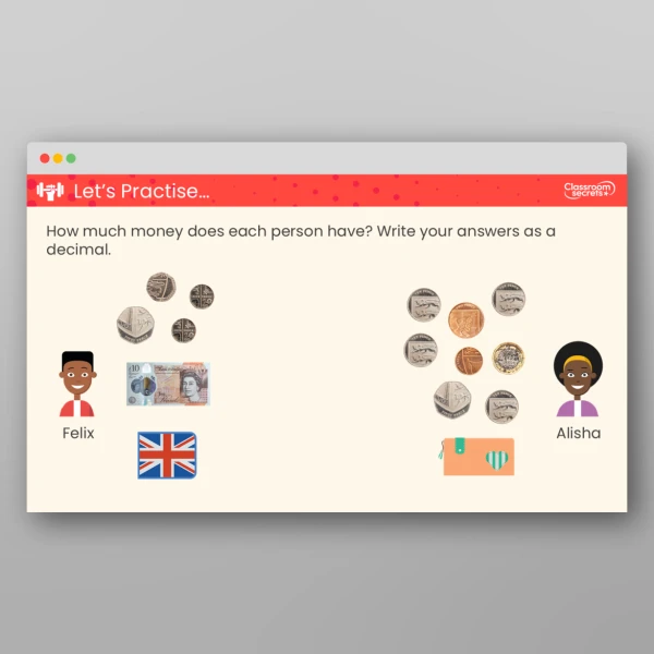 An image of the Write Money Using Decimals Teaching PPT Resource