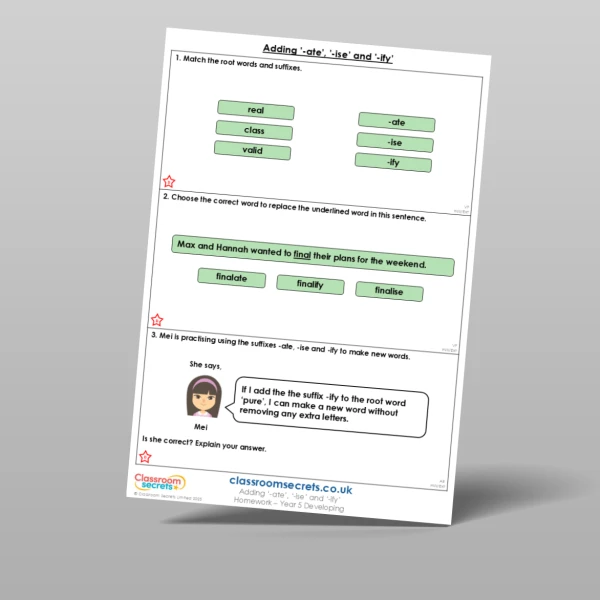 An image of the Adding '-ate', '-ise' and '-ify' Homework Resource