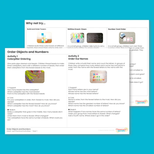 An image of the Order Objects and Numbers Adult-Led Practical Activities Resource