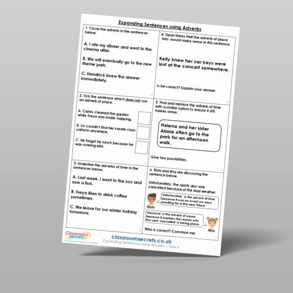 An image of the Expanding Sentences using Adverbs Mixed Activity Resource