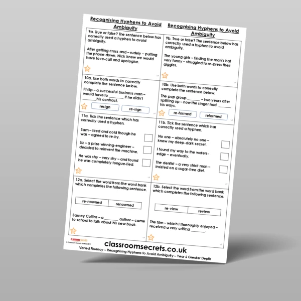An image of the Free Recognising Hyphens to Avoid Ambiguity Varied Fluency Resource