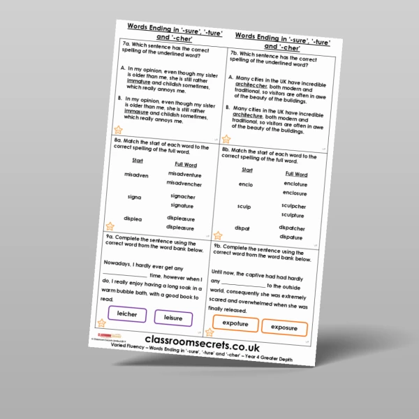 An image of the Words Ending in '-sure', '-ture' and '-cher' Varied Fluency Resource