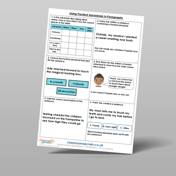 An image of the Using Fronted Adverbials in Paragraphs Prior Learning Resource