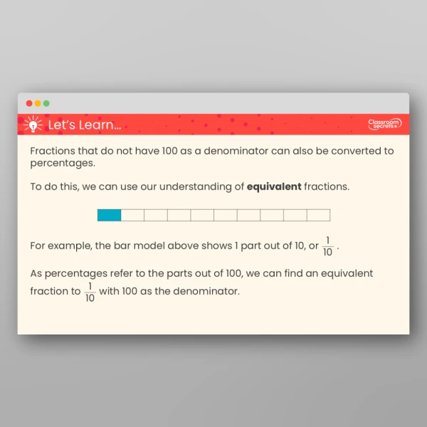 An image of the Fractions to Percentages Teaching PPT Resource
