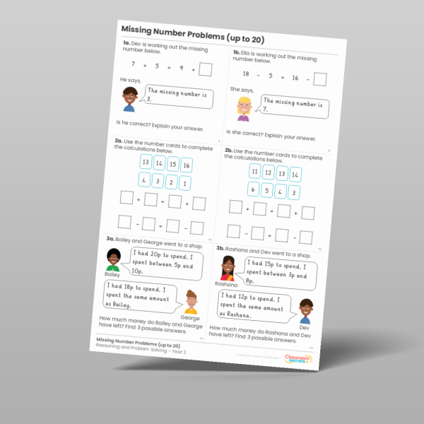 Year 2 Missing Number Problems Up To 20 Reasoning And Problem Solving ...