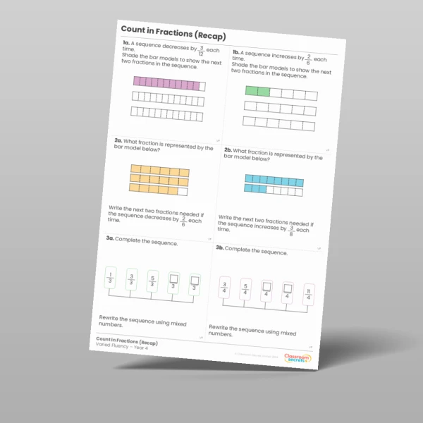 An image of the Count in Fractions (Recap) Varied Fluency Resource