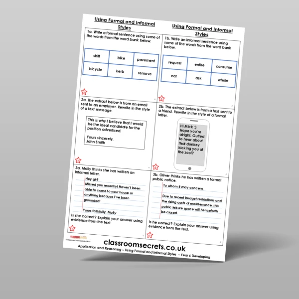 An image of the Using Formal and Informal Styles Application and Reasoning Resource