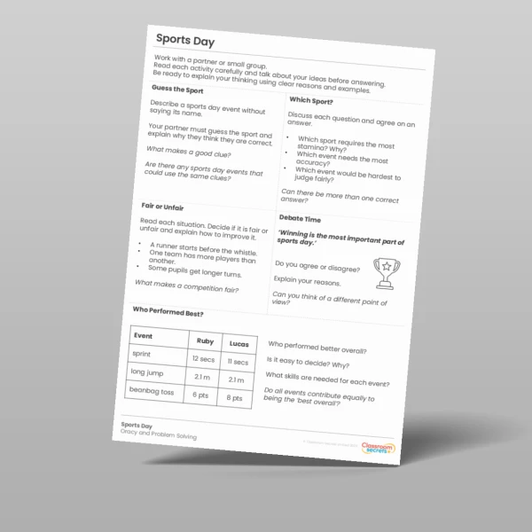 An image of the Sports Day Oracy and Problem Solving Worksheet Resource