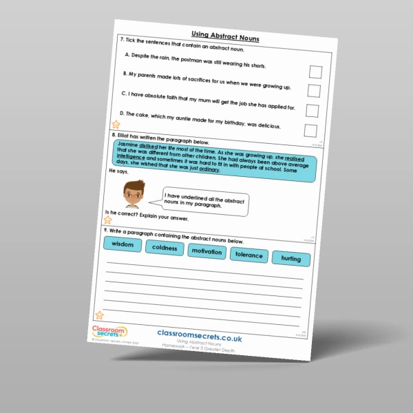 An image of the Using Abstract Nouns Homework Resource