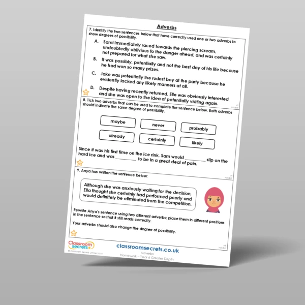An image of the Adverbs Homework Resource