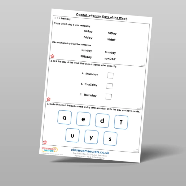 An image of the Capital Letters for Days of the Week Homework Resource