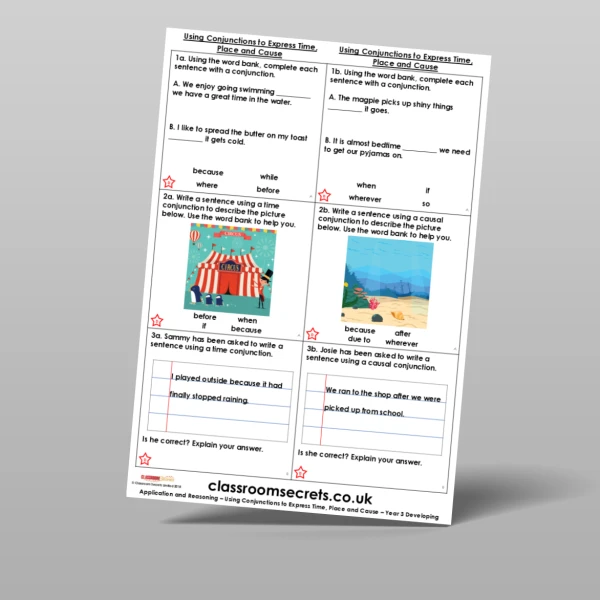 An image of the Using Conjunctions to Express Time, Place and Cause Application and Reasoning Resource
