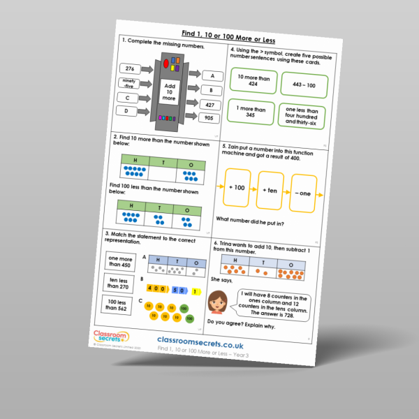 Year 3 Find 1 10 Or 100 More Or Less Mixed Activity Resource ...