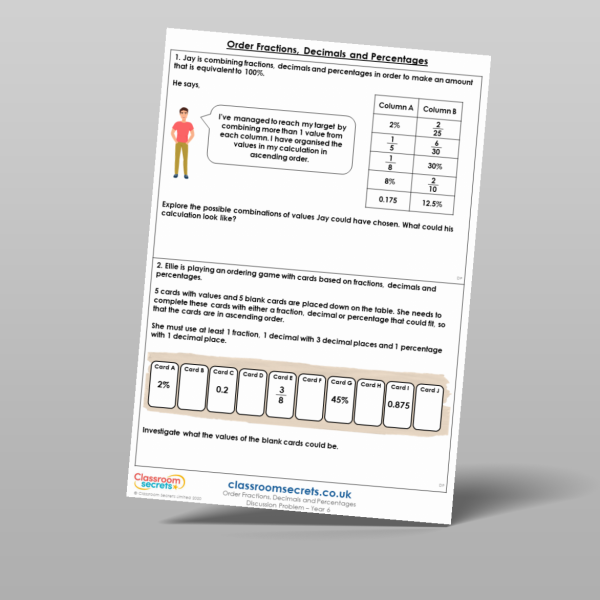 Year 6 Order Fractions Decimals And Percentages Discussion Problem ...