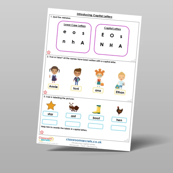 An image of the Introducing Capital Letters Homework Resource