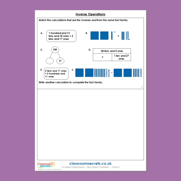 Year 3 Inverse Operations Addition and Subtraction Deeper Reasoning Discussion Problem