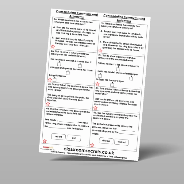 An image of the Consolidating Synonyms and Antonyms Varied Fluency Resource