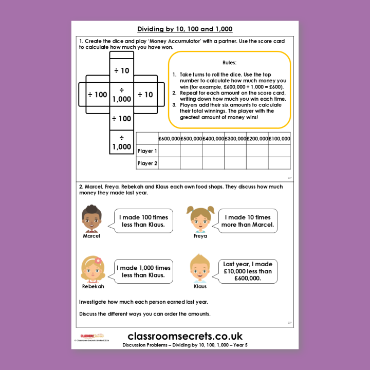 Year 5 Divide by 10, 100 and 1,000 Multiplication and Division A Discussion Problem