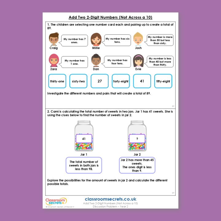 Year 2 Add Two 2-Digit Numbers (not across a 10) Addition and Subtraction Deeper Reasoning Discussion Problem