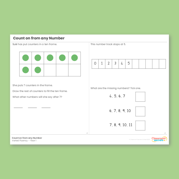 Year 1 Count on from any Number Place Value (within 10) Varied Fluency