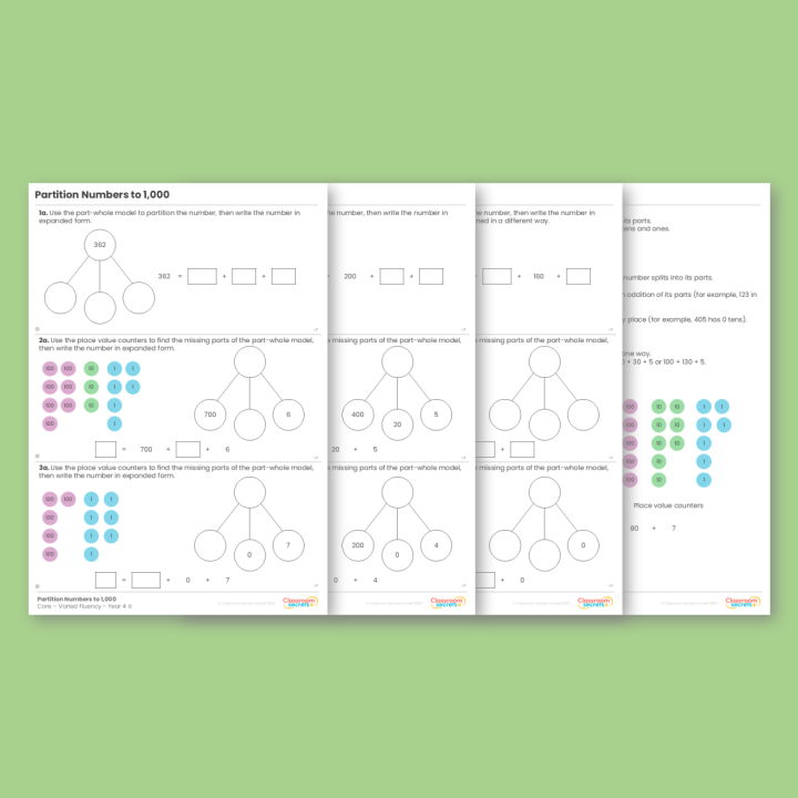Year 4 Partition Numbers to 1,000 Place Value Varied Fluency
