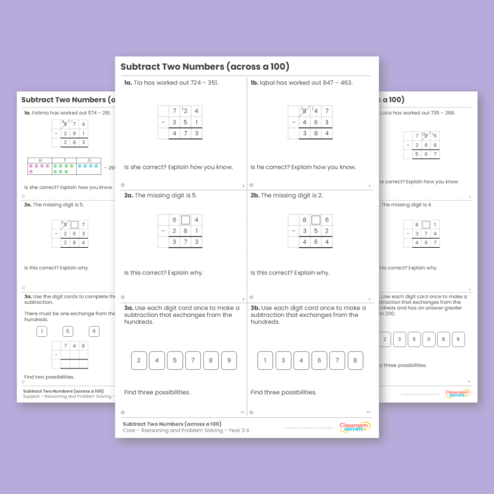 Year 3 Subtract Two Numbers (across a 100) Addition and Subtraction Reasoning and Problem Solving