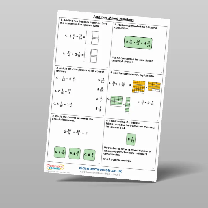 Classroom Secrets | Collection Page Year 5 Add Two Mixed Numbers
