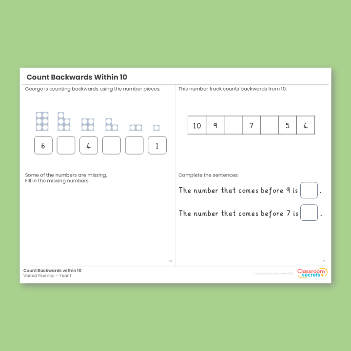 Year 1 Count Backwards within 10 Place Value (within 10) Varied Fluency