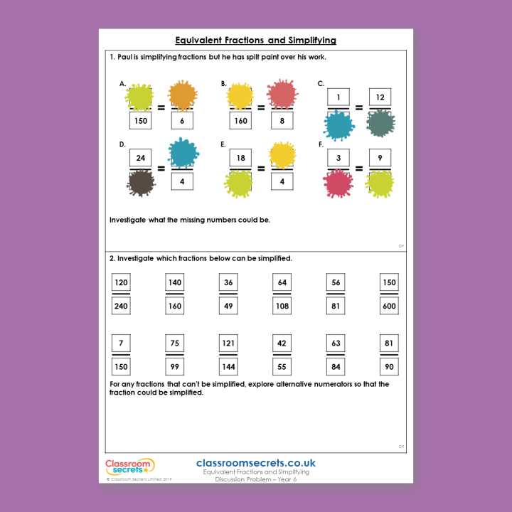Year 6 Equivalent Fractions and Simplifying Fractions A Deeper Reasoning Discussion Problem