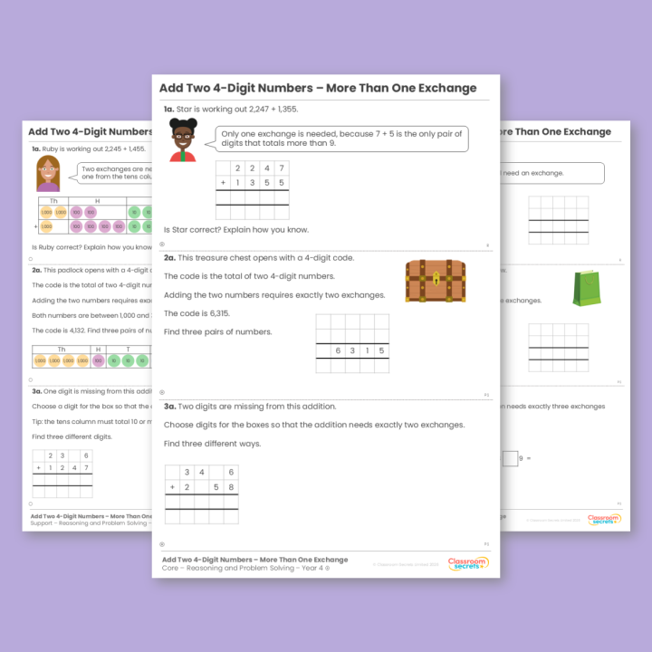 Year 4 Add Two 4-Digit Numbers - More than One Exchange Reasoning and Problem Solving