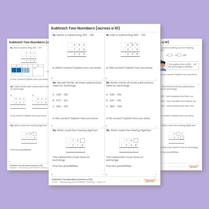 Year 3 Subtract Two Numbers (across a 10) Addition and Subtraction Reasoning and Problem Solving