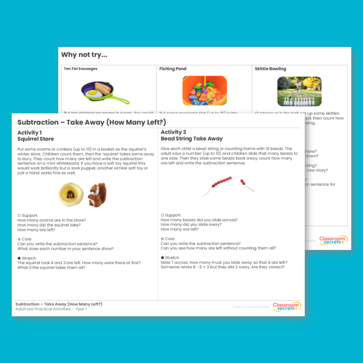 Year 1 Subtraction - Take Away (How Many Left?) Addition and Subtraction (within 10) Adult-Led Practical Activities