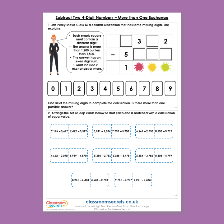 Year 4 Subtract Two 4-Digit Numbers - More than One Exchange Addition and Subtraction Deeper Reasoning Discussion Problem