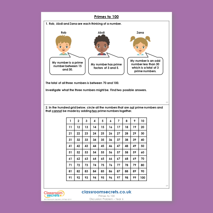 Year 6 Primes to 100 Addition, Subtraction, Multiplication and Division Deeper Reasoning Discussion Problem