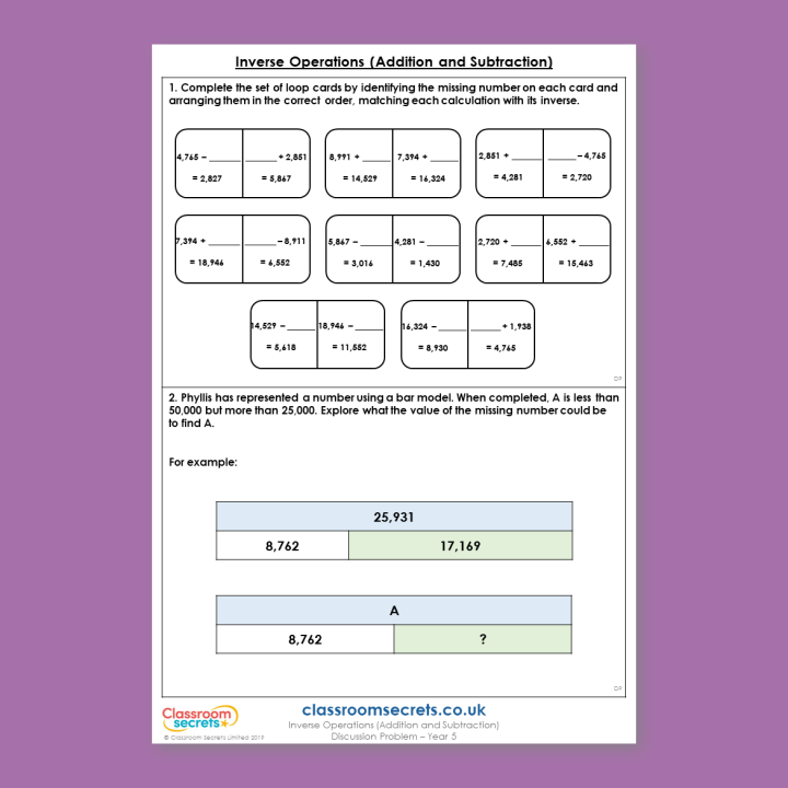 Year 5 Inverse Operations (Addition and Subtraction) Addition and Subtraction Deeper Reasoning Discussion Problem