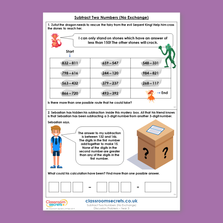 Year 3 Subtract Two Numbers (no exchange) Addition and Subtraction Deeper Reasoning Discussion Problem